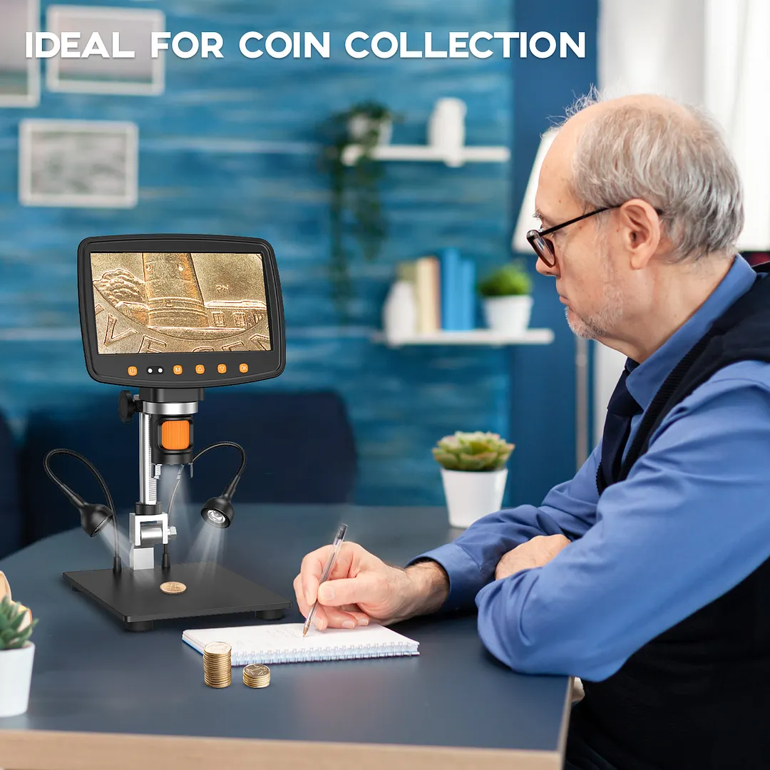 BEBANG 7" Coin Microscope for Adults, LCD Digital Microscope with 8 Adjustable LED Lights, 2 Flexible Side Lights, PC View Compatible with Windows, iOS, 32GB