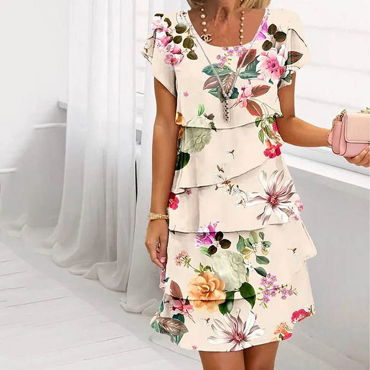 Floral Print Crew Neck Multi Layered Midi Dress