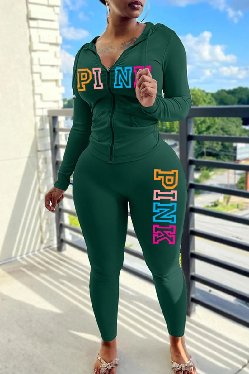 Green Casual Letter Print Basic Hooded Collar Long Sleeve Two Pieces | EGEMISS