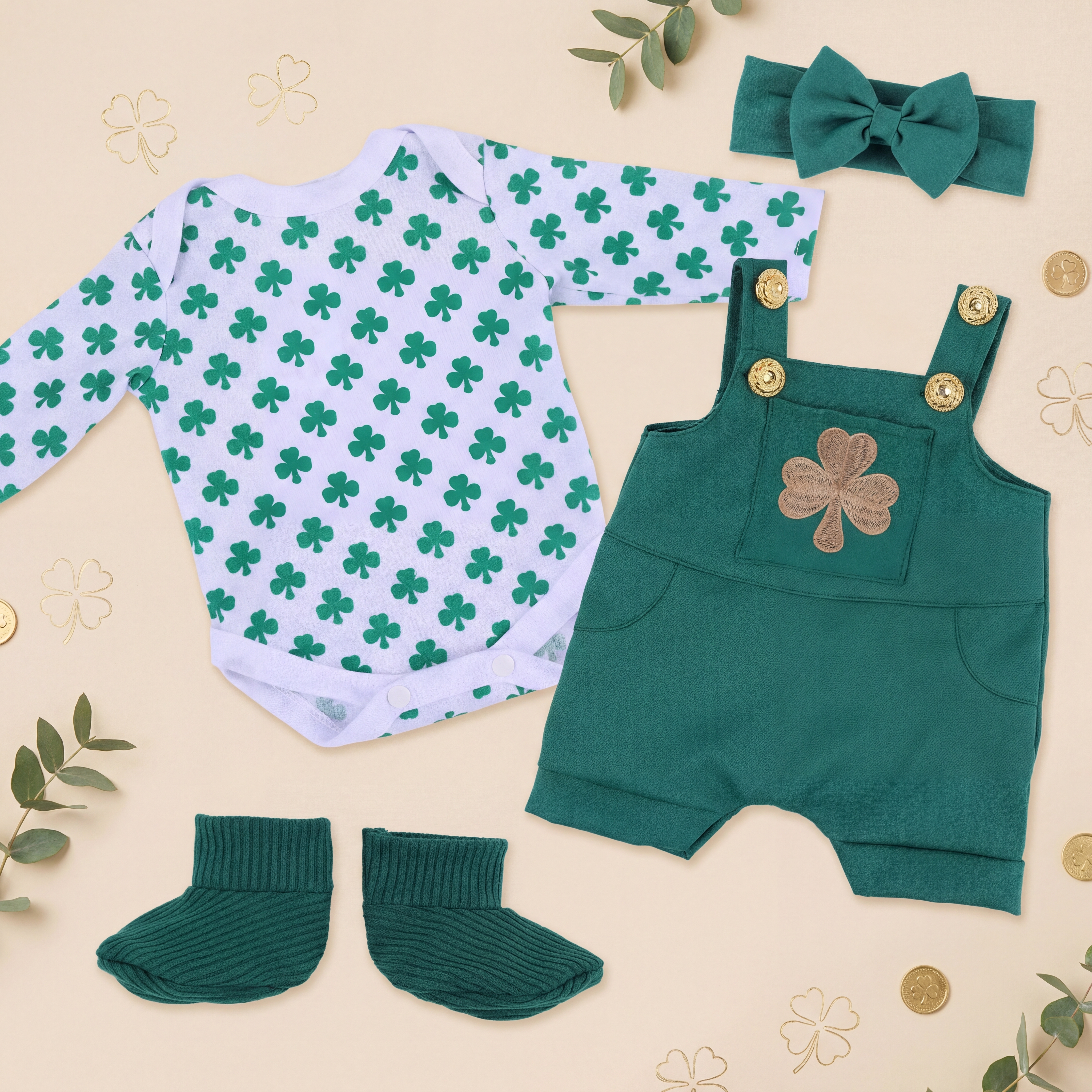 St. Patrick’s Day 4PCS Green Clover Outfit Set for 17–20'' Reborn Baby Dolls
