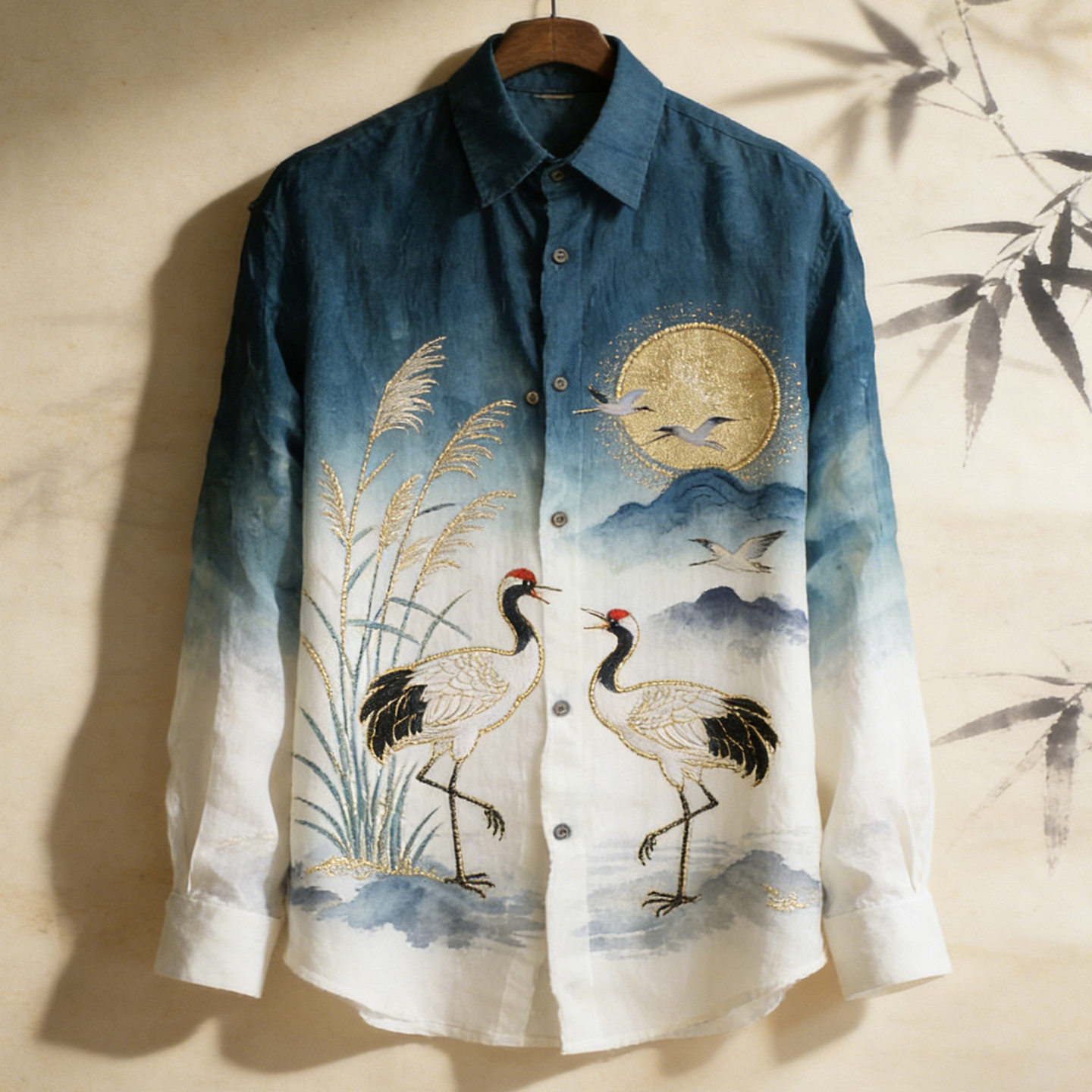 Men's Cranes With Lake View Ink Art Painting Art Linen Shirt  artssus