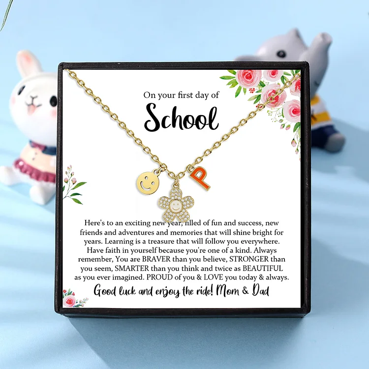 Back To School Personalized Smile and Flower Necklace Custom Birthstone and Initial Necklace