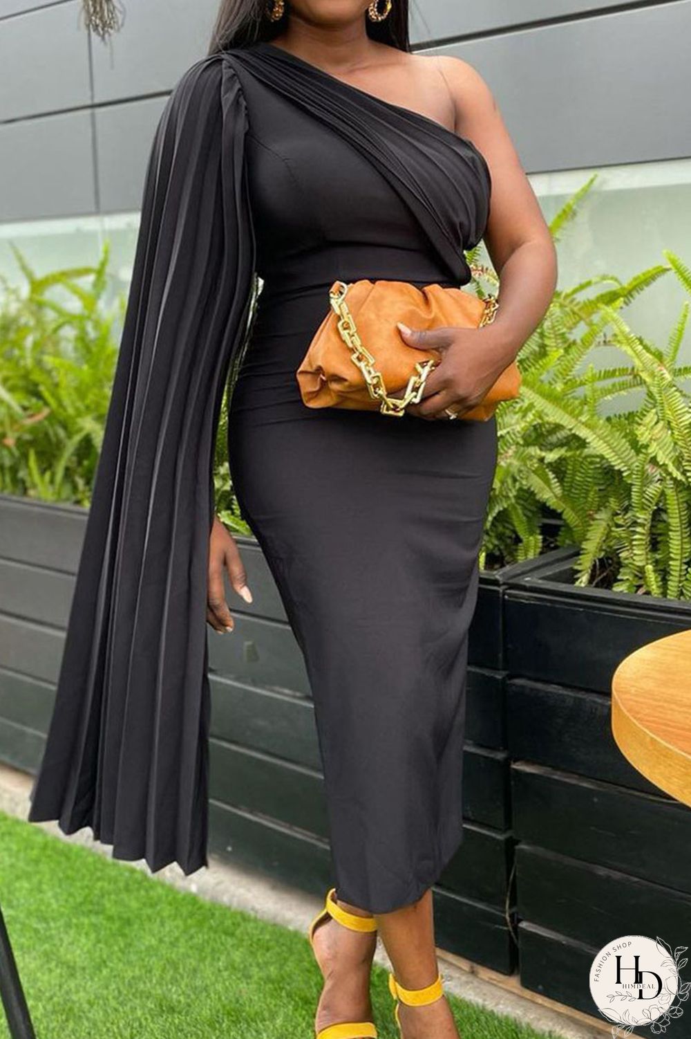 Black Casual Solid Split Joint Fold Asymmetrical Oblique Collar Straight Dresses