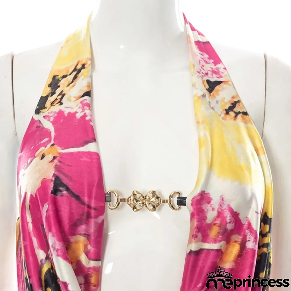 Women Summer Rose Sexy Halter Sleeveless Floral Print Backless Mini Bodycon Dress