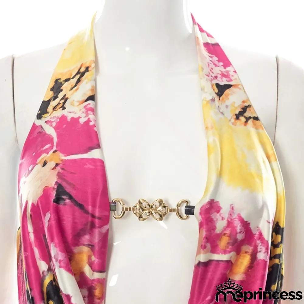 Women Summer Rose Sexy Halter Sleeveless Floral Print Backless Mini Bodycon Dress