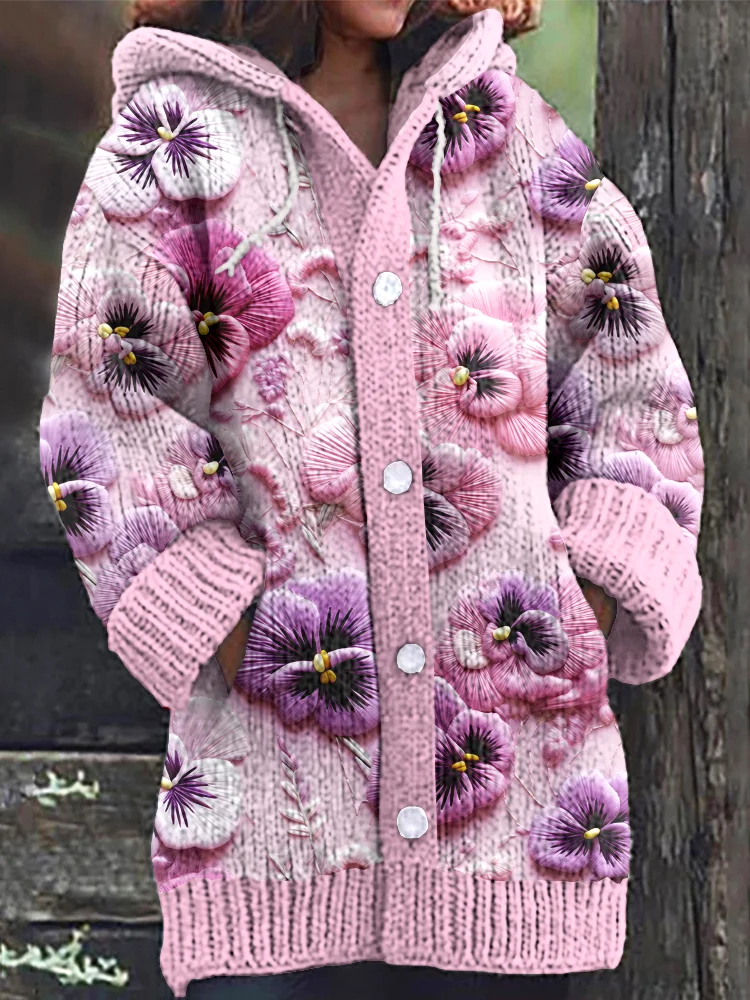 VChics Pansy Flower Embroidery Pattern Cozy Hooded Cardigan