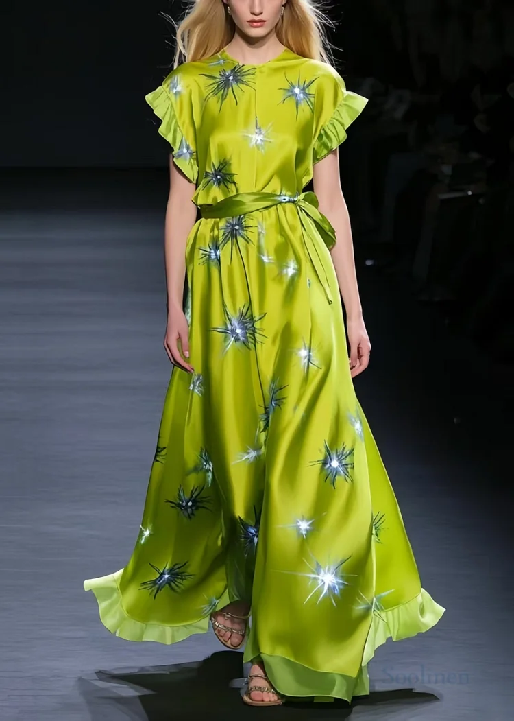 Beautiful Grass Green Twinkling Star Print Silk Tunic Dress Summer