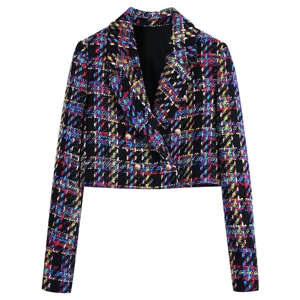 TRAF Women Fashion Front Metal Button Tweed Cropped Blazer Coat Vintage Long Sleeve Female Outerwear Chic Veste Femme