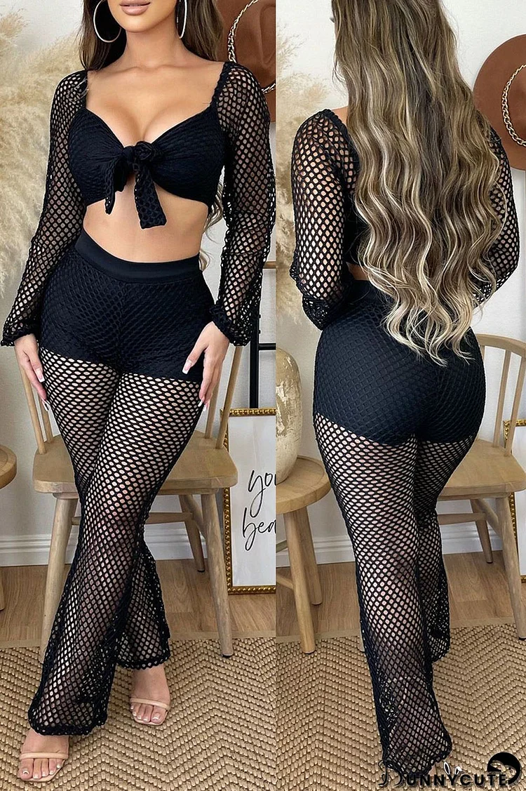 Black Sexy Solid Bandage Hollowed Out Split Joint V Neck Long Sleeve Two Pieces