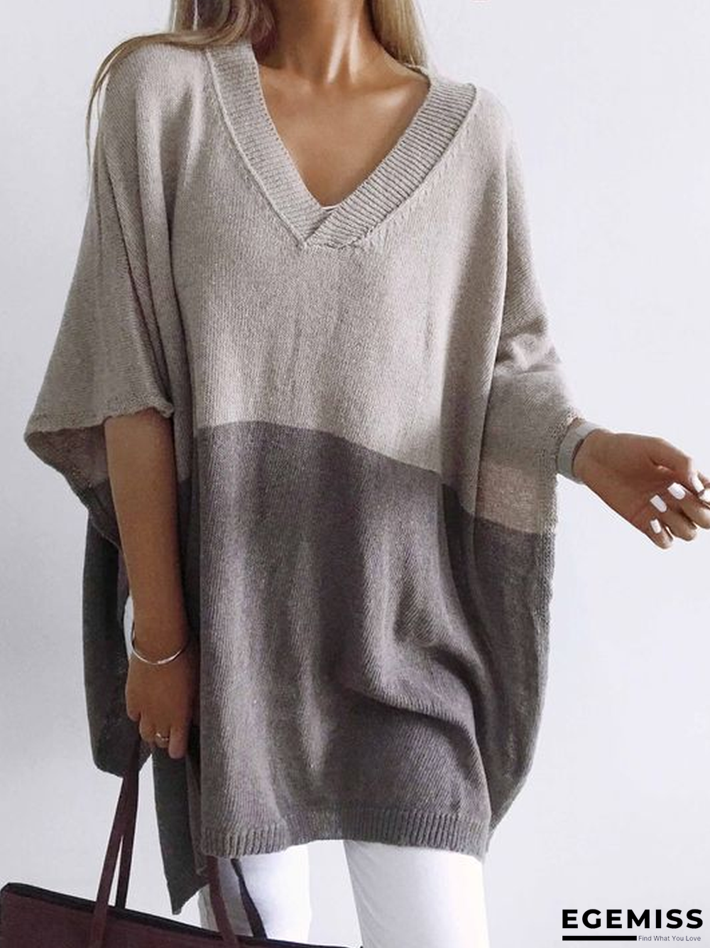 Grey Knitted V Neck Half Sleeve Shirts & Tops | EGEMISS