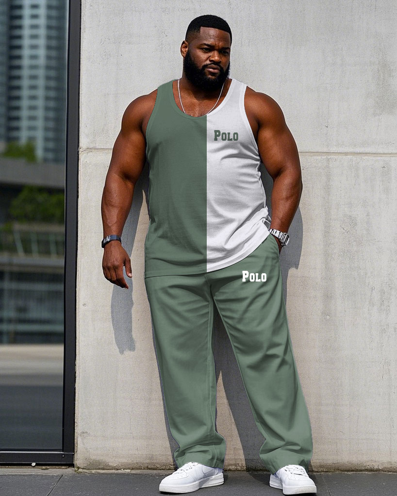 Men's Plus Size Green & White Left Chest Small Label Patchwork Printed Casual Vest Trousers Suit