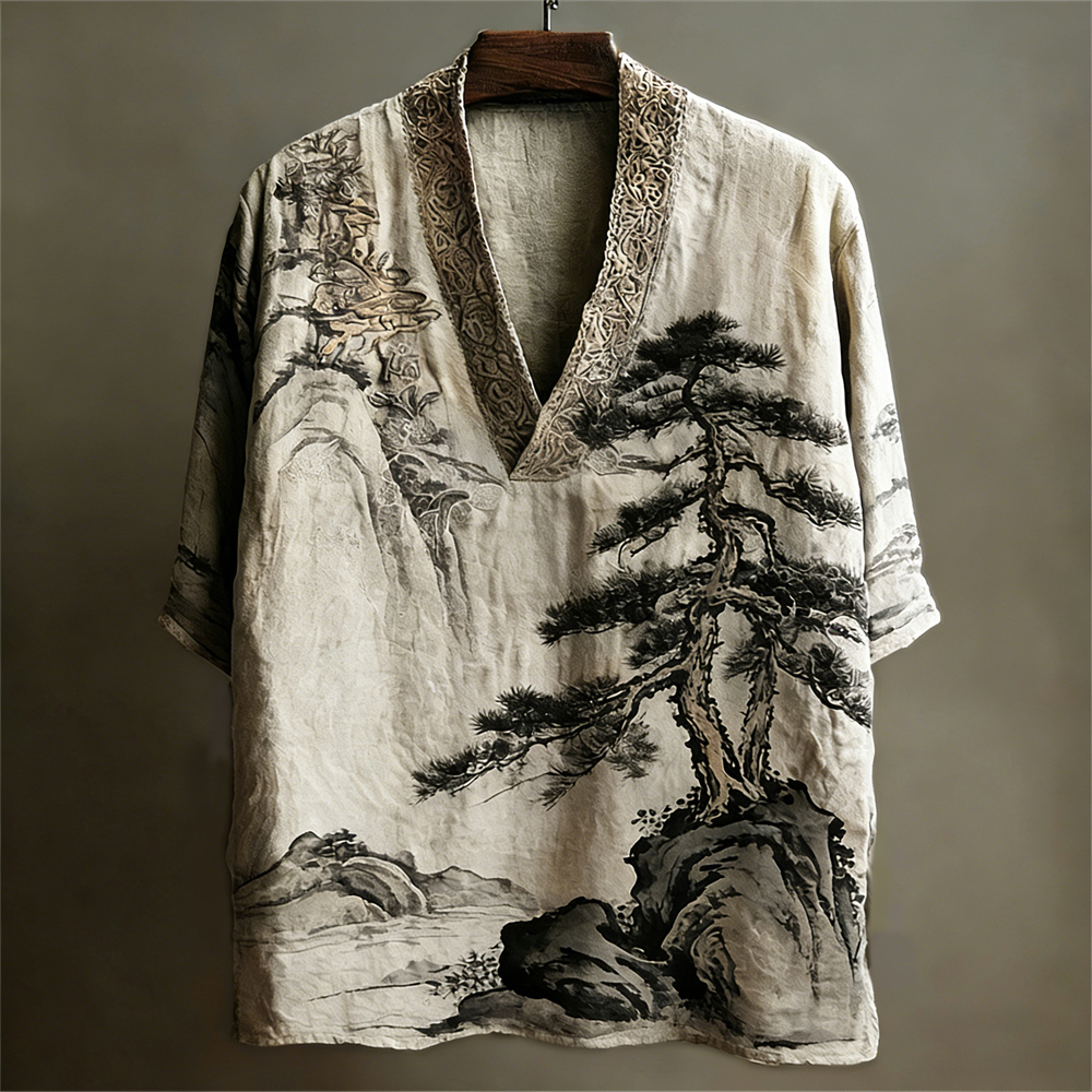 Japanese Landscape Botanical Vintage Men's Linen V-neck Shirt  artssus