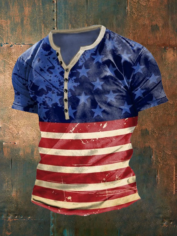 Men's Independence Day Flag Print Button T-Shirt