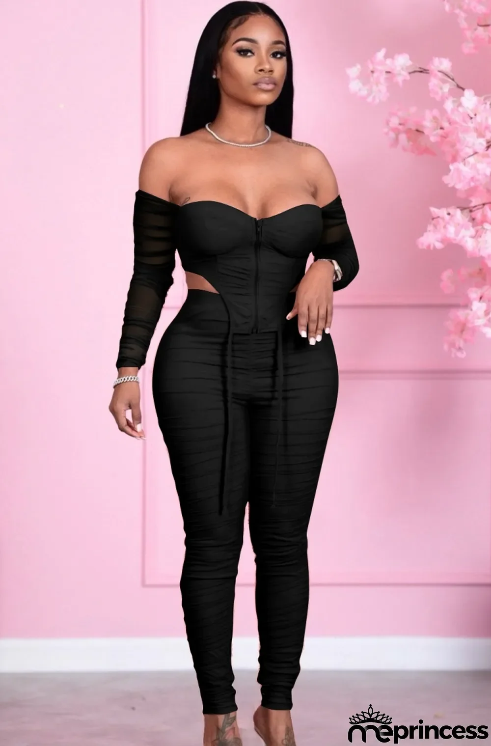 Autumn Sexy Black Zipper Up Off Shoulder Top and Pants Set