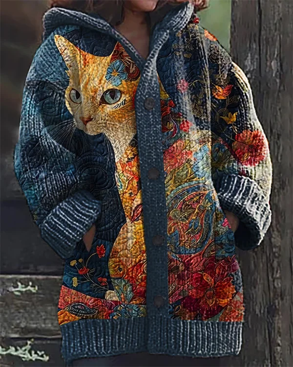 Vintage Animal Cat Art Print Hooded Cardigan