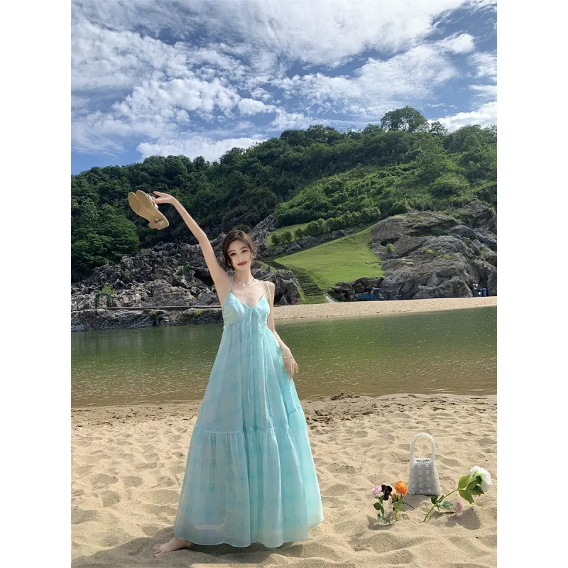 Churchf Churchf Wind Letter Purple Mint Green Neck Pendant Dress Summer Dopamine Beach Vacation Fairy Dress