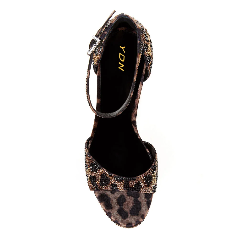 Leopard Print Open-Toe Rhinestone Stiletto Heel Platform Sandals