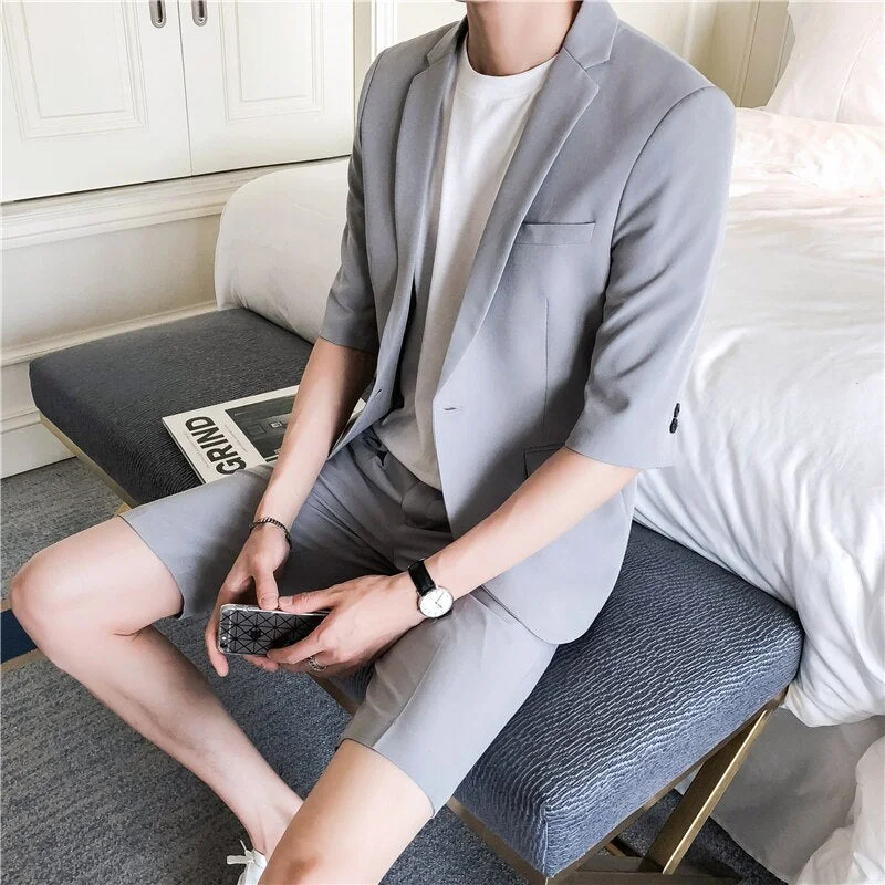 Woherb Men Suit Set Slim Fit Half Sleeve Knee Length Pants Korean Style Men's Clothing Pink White Summer Suit Jacket with Short Pant