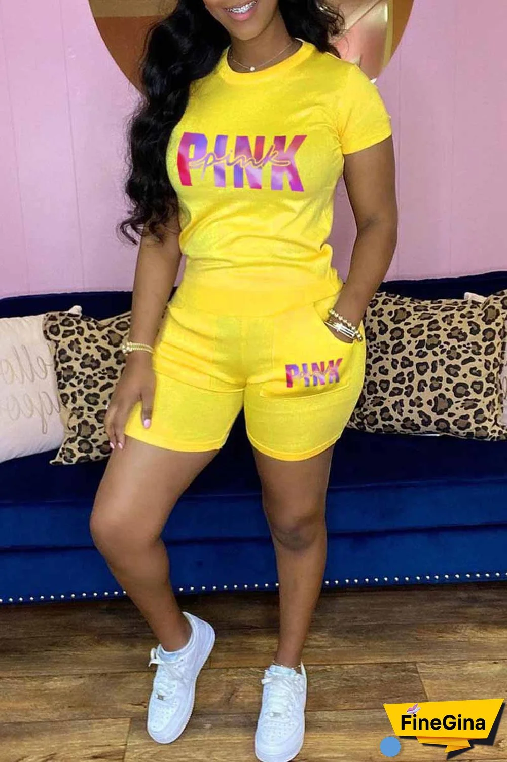 Burgundy Casual Print Letter O Neck Short Sleeve Two Pieces