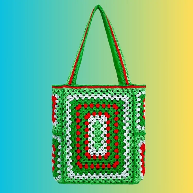 Lulusnow Handmade Green Granny Square Beach Summer Bag Vintage Handbag for Travel Crochet Shoulder Bag St.Patrick's Gift 