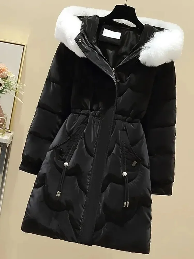 Cartoonh Fashion Slim Faux Fur Collar Hooded Parkas Winter Women Cold Coat Waist Drawstring Padded Jackets Midi Lenght Snow Casaco