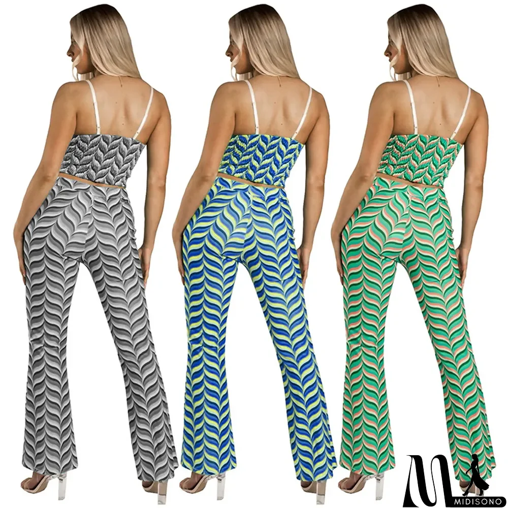 MidiSono - Women's Fashion Print Straps Backless Top Flared Pants Casual Two Piece Set
