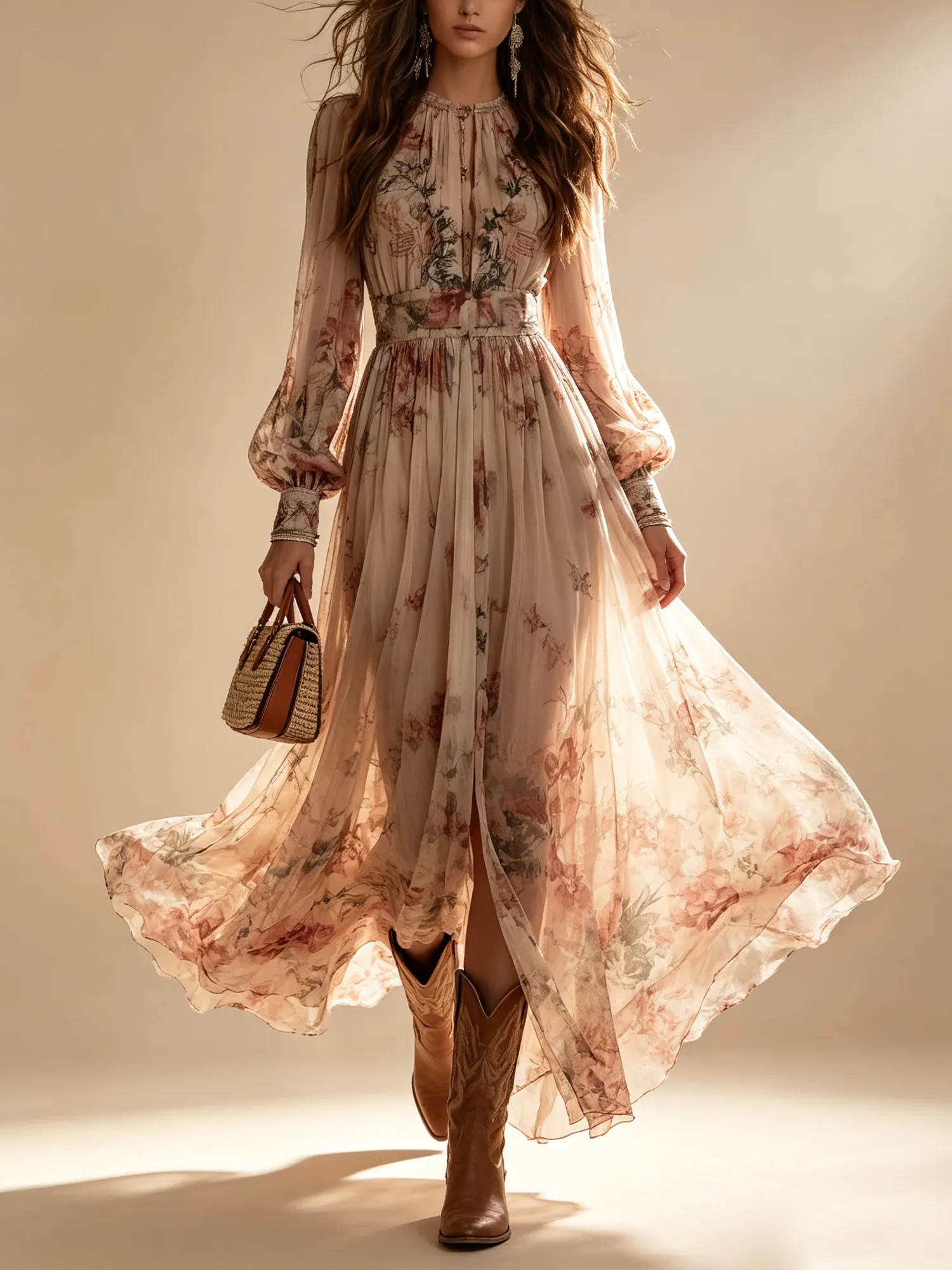Western Dress &mdash; High-Waisted, Ruched, Front-Slit, Streamlined Silhouette, Watercolor Botanical Print, Chiffon Mesh, Lace Fabric. Maxi Dress