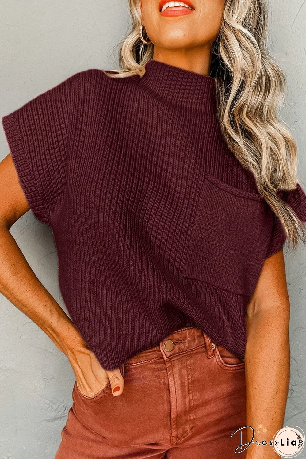 Cozy Mineral Red Ribbed Knit Sweater with Patch Pocket