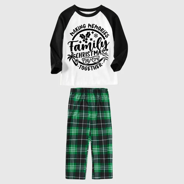Christmas Make Memories Together 2024 Print Green & Black & White Plaid Family Matching Pajamas With Dog bandana