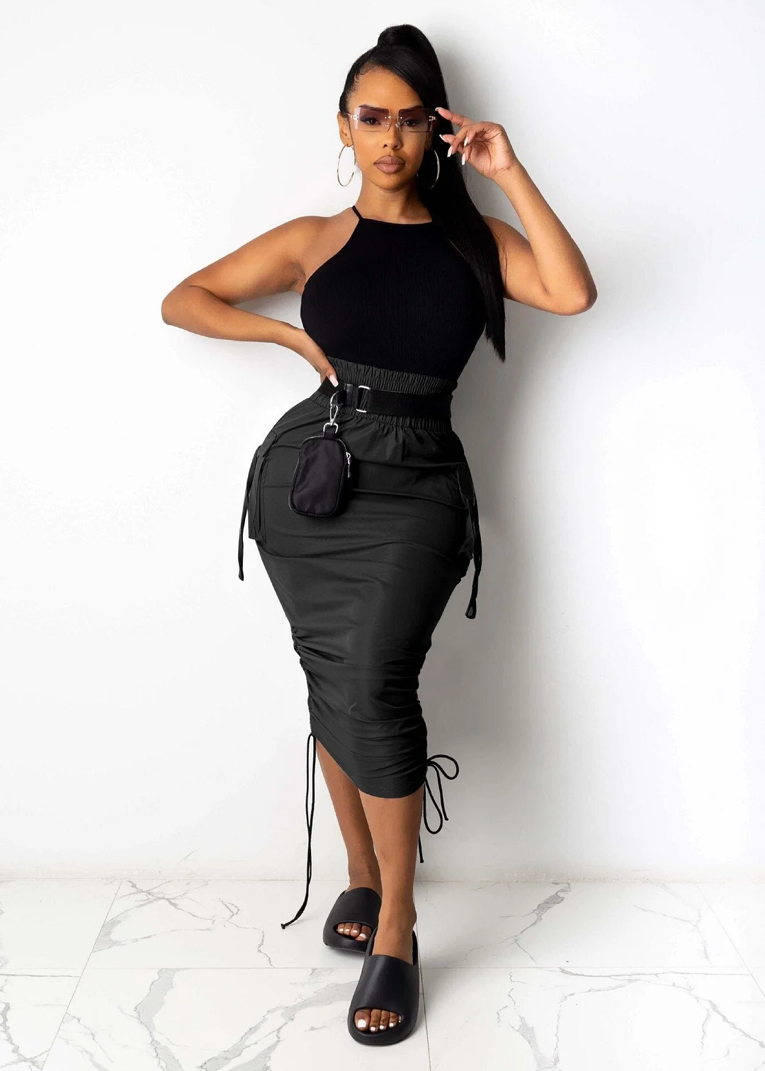 New 2021 Women High Waist Pocket Side String Draped Bodycon Midi Skirts for Streetwear Black White Skirt