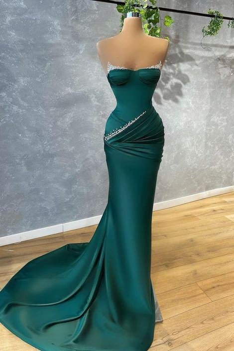 Chic Dark Green Strapless Mermaid Evening Dress With Beads