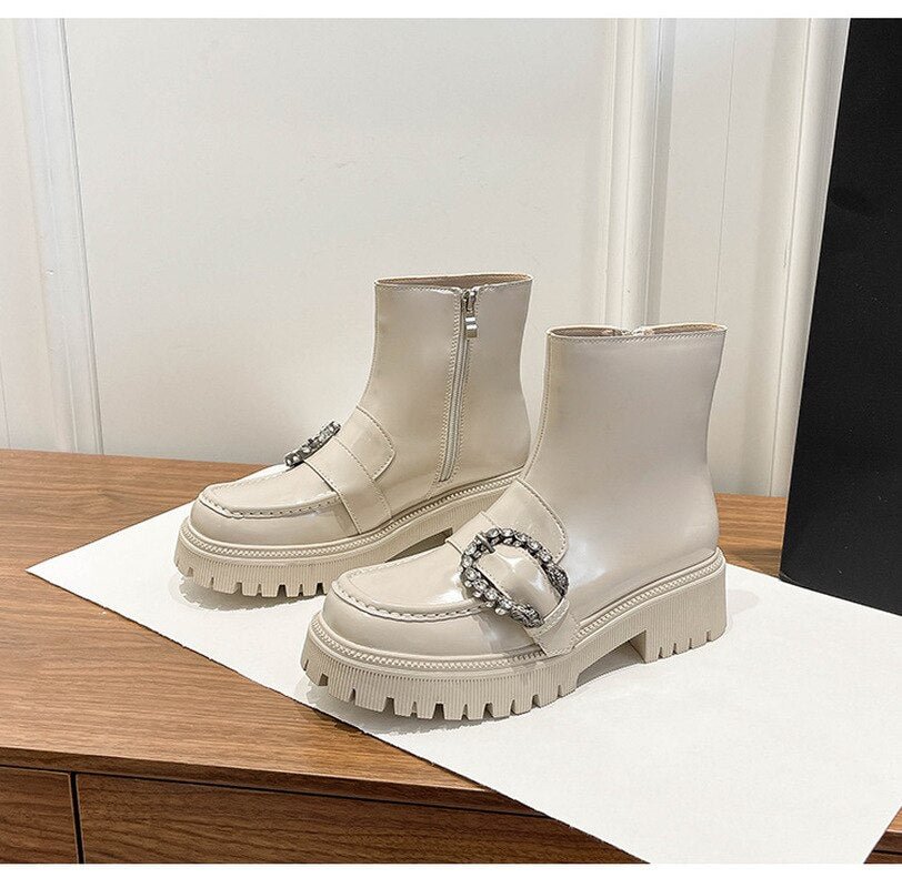 Ladies Bacchus Buckle Ankle Boots 2021 Autumn Winter Thick Bottom Martin Boots Short Tube Women's Patent Leather Platform Shoes