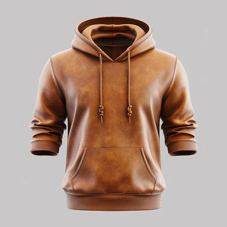 Men's PU Leather Long Sleeve Kangaroo Pocket Drawstring Solid Hoodie