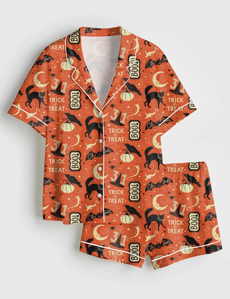 Women&rsquo;s Halloween Vintage Halloween Trick Or Treat Boo Black Cat Pumpkin Bat Short Sleeve Satin Pajama Set