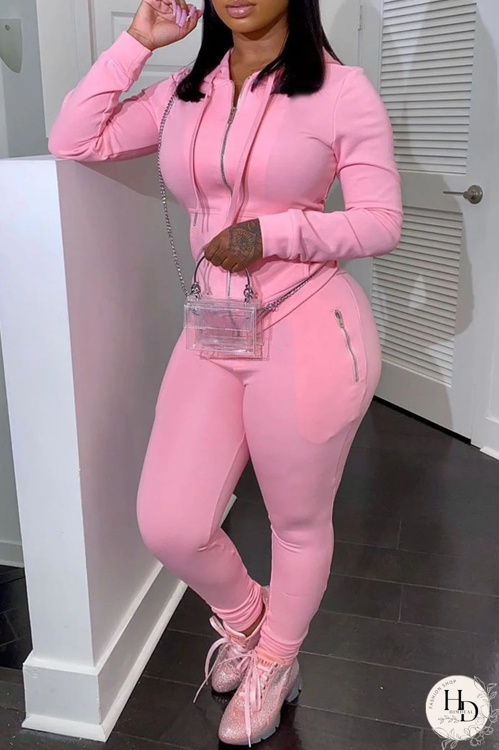 Red Casual Solid Split Joint Zipper Hooded Collar Long Sleeve Two Pieces