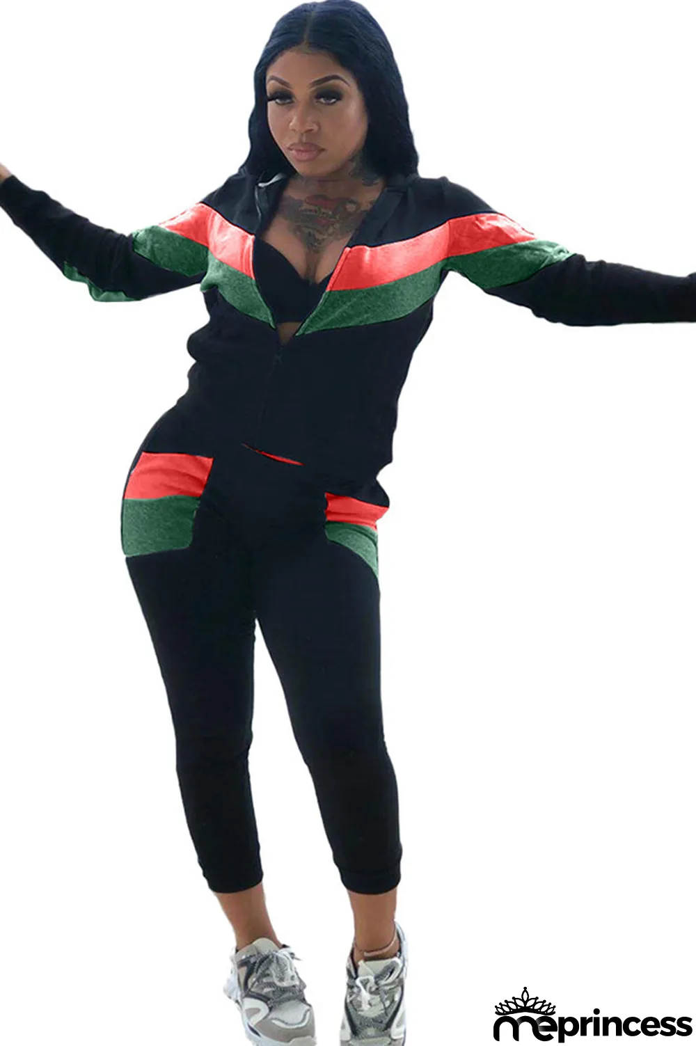 Blue Polyester Casual Two Piece Suits Patchwork Striped Straight Long Sleeve Two-piece Pants Set