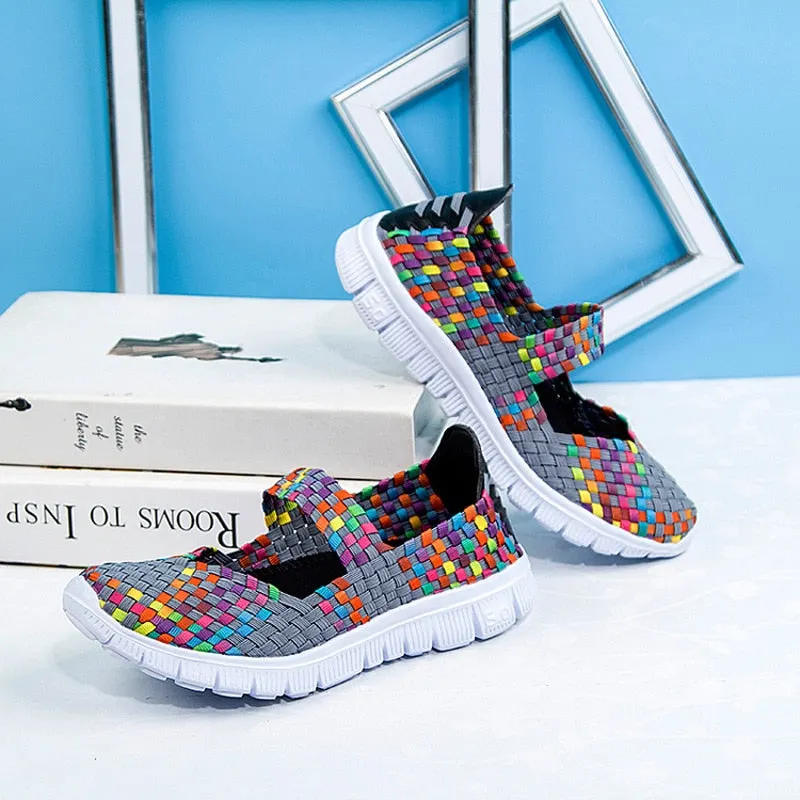 WHNB Women's Loafers Casual Shoes 2021 Spring Comfortable Sneakers Woven Breathable Flat Shoes Outdoor Hook&Loop Slip