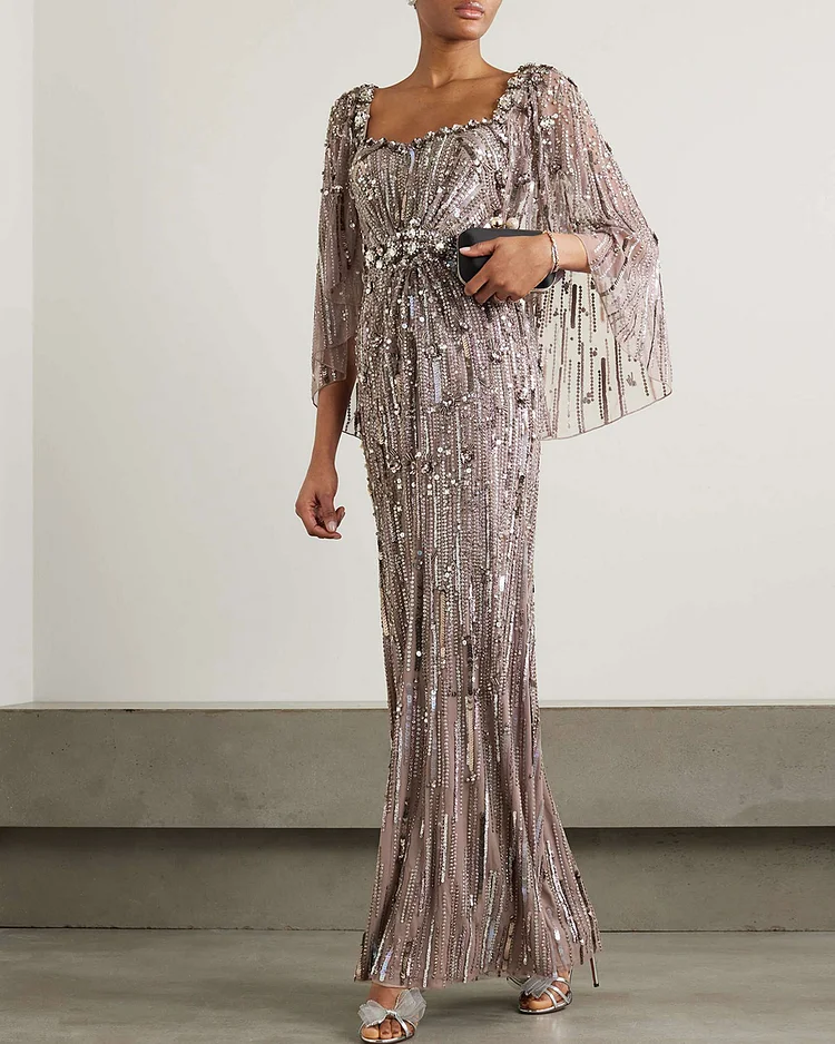 Cape-Effect Embellished Tulle Gown