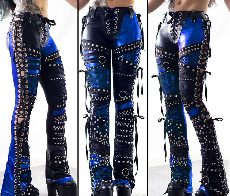 BLACK/BLUE LACE UP BOOTCUT PANTS