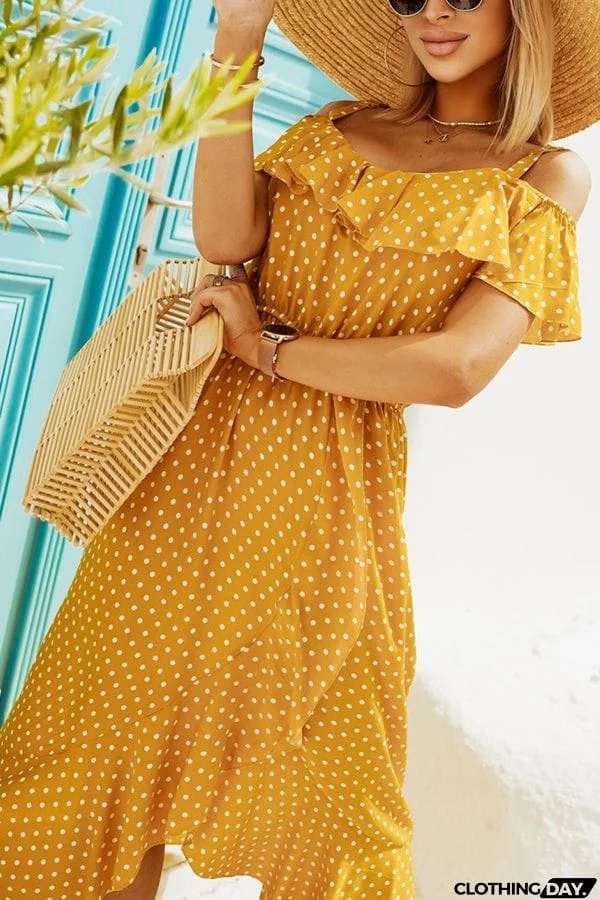 Dot Ruffles Off Shoulder Irregularity Maxi Dress