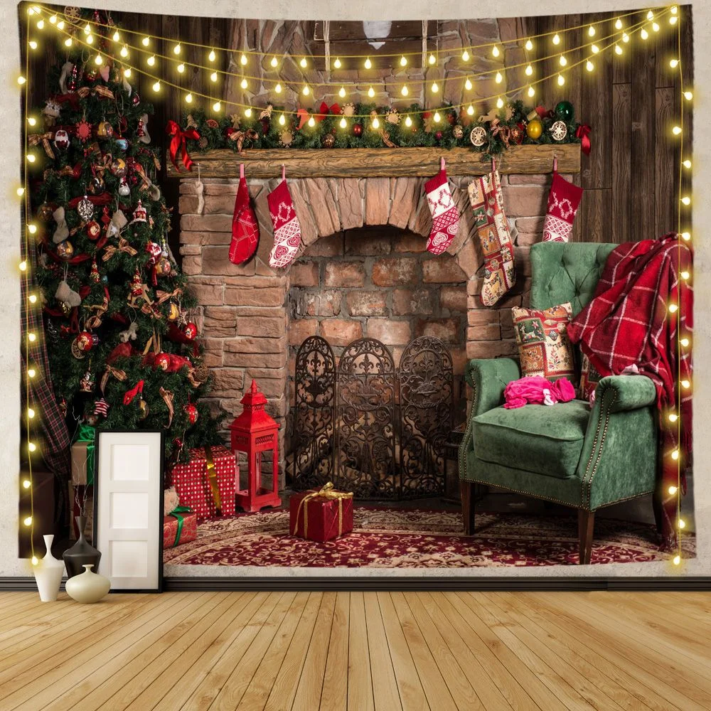 Athvotar Happy New Year Tapestry Christmas Fireplace Wall Hanging Cloth Home Background Bedroom Bedside Decorative Xmas Tree Tapiz