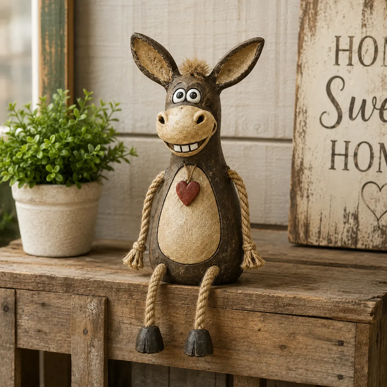 Rustic donkey figurine in farmhouse interior