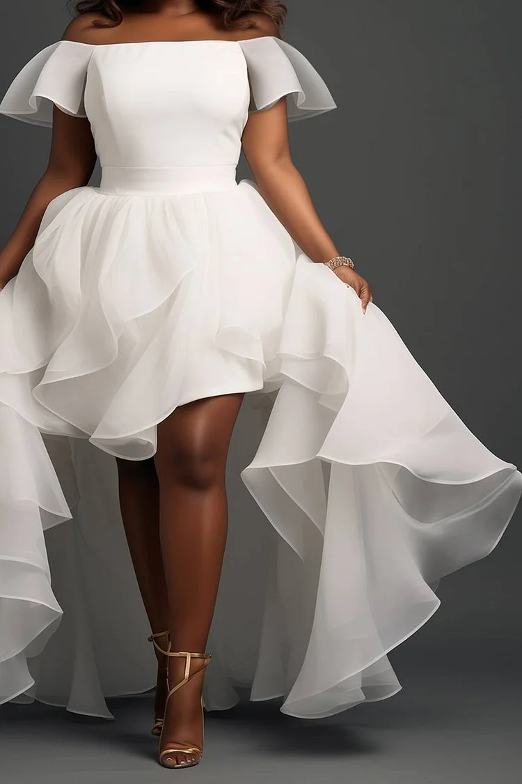 Xpluswear Design Plus Size Wedding White Off The Shoulder Cap Sleeve Ruffle Asymmetric Hem Tulle Mini Dresses [Pre-Order]