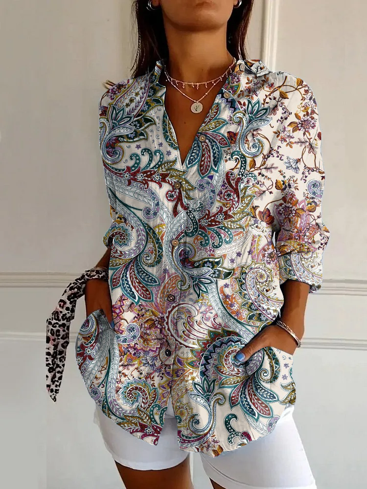 Vintage Ethnic Paisley Print Casual Long Sleeve Shirt