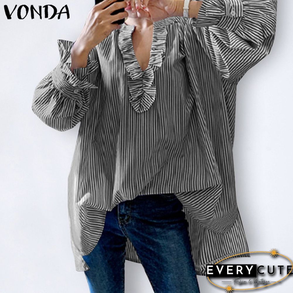 VONDA Plus Size Women Casual Blouse Long Sleeve V Neck Ruffle-Trim Striped Shirt Loose Tunic Tops