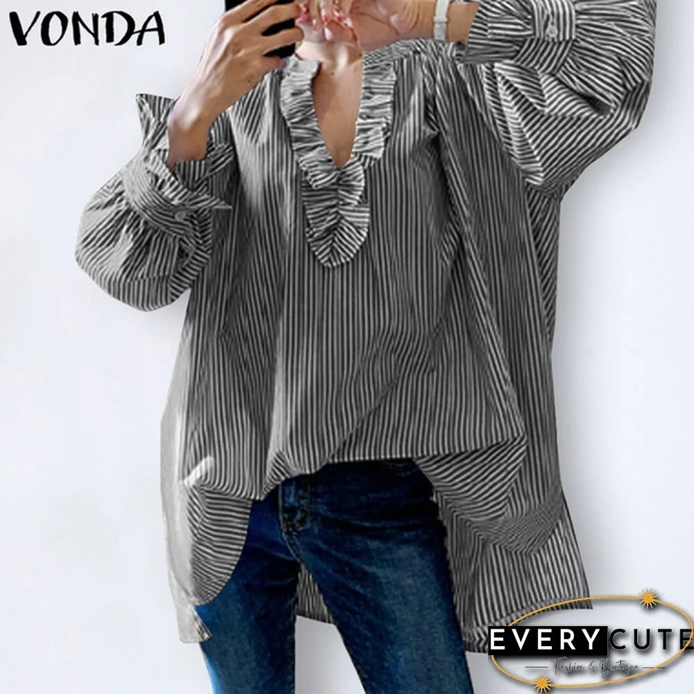VONDA Plus Size Women Casual Blouse Long Sleeve V Neck Ruffle-Trim Striped Shirt Loose Tunic Tops