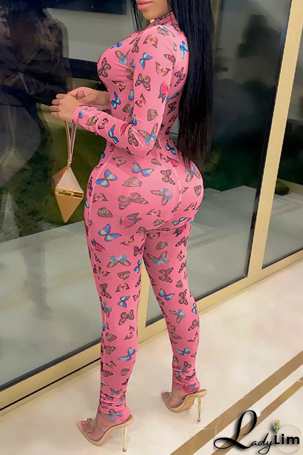 Rose Red Sexy Butterfly Print Patchwork Zipper Collar Skinny Jumpsuits