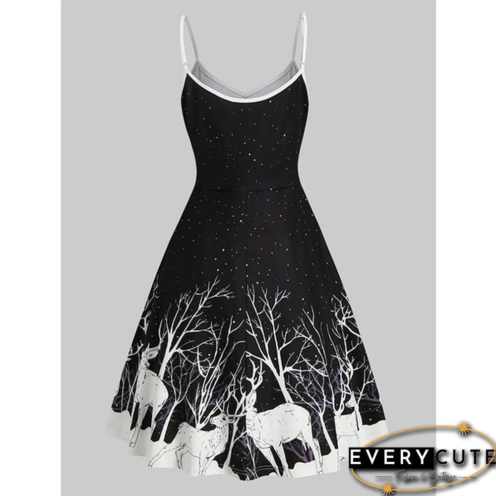 Christmas Print Sequin Patchwork Sleeveless Dress Santa Xmas Deer Skater Party Dresses