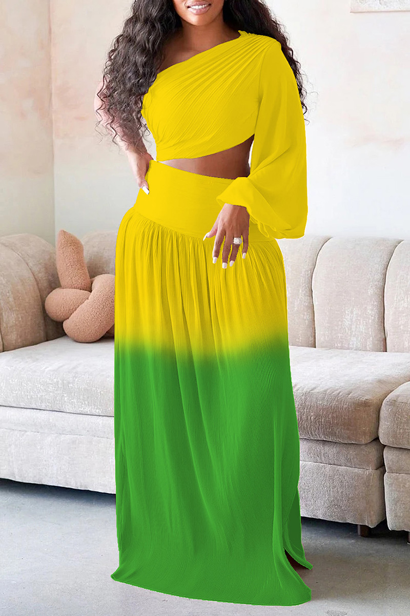 Xpluswear Plus Size Yellow Casual One Shoulder Gradient Split Two Pieces Skirt Sets [Pre-Order]  I G 