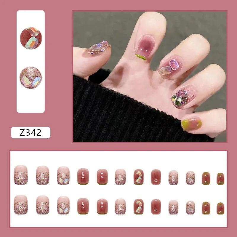 Fall nails Christmas nails Wholesale of Finished False Nail Manicure Aurora Diamond Short Square Flash Fack Nails 24pcs/pack With Wearing Tool